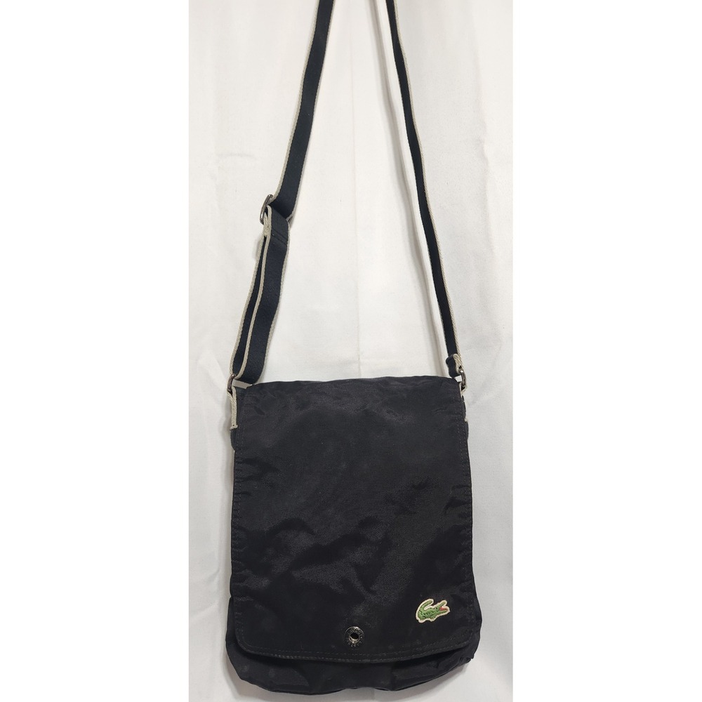 Lacoste Messenger Bag Black Canvas Crossbody Flap Over Sporty Crocodile‎ Logo